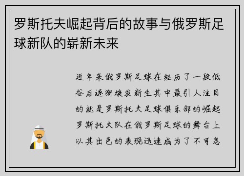 罗斯托夫崛起背后的故事与俄罗斯足球新队的崭新未来